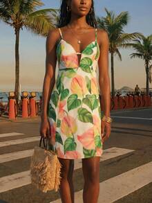 CAJUNI Women's Leaf Print Casual Tropical Vacation Daily Outing Beach Mini Strap Dress White Summer - Multicolor - View 5