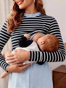 MaterniWear Maternity Striped Print 2 In 1 Nursing Top With Long Sleeve Fall - Navy Blue - View 2