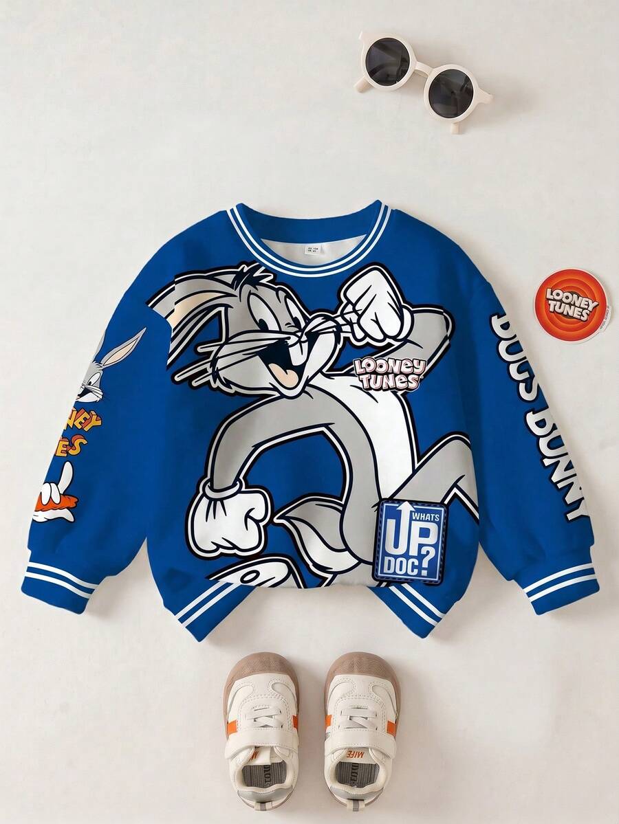 LOONEY TUNES X SHEIN 男童休闲字母兔子印花拼接条纹圆领卫衣，秋季款 - 白色 - 查看 1