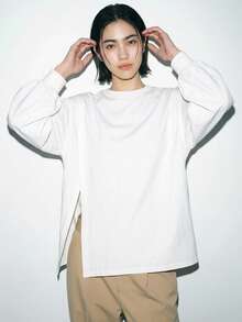 FRIFUL 纯色女式侧开衩落肩T恤，秋季服装长袖女式上衣 - 白色 - 查看 10