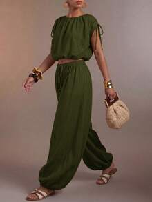 Zivah Women's Solid Color Pleated Top And Lantern Pants Casual Daily Set - Army Green - View 4