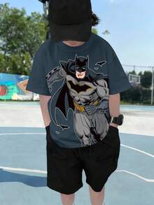 BATMAN X SHEIN Tween Boy Cartoon Pattern Print Cute Crew Neck Short Sleeve T-Shirt - White - View 5