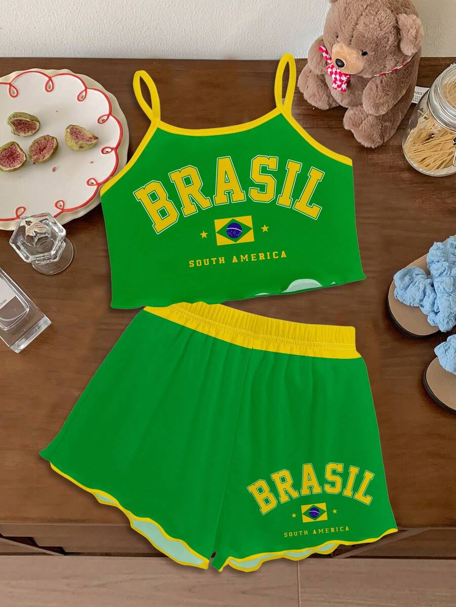 Tween女孩隨機發貨1套,復古時尚綠色字母BRAZIL、黃色,休閒簡約修身背心上衣與短褲,適合夏季 - 彩色 - 查看 1