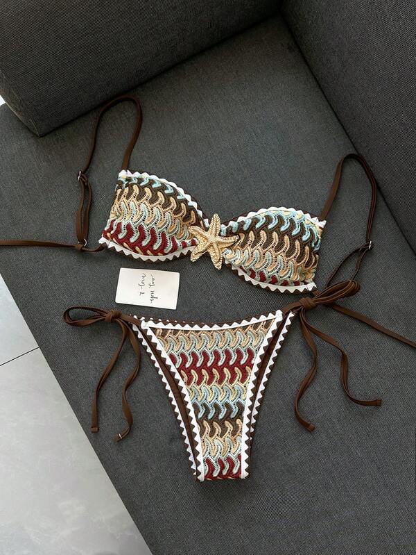Bonvoyette Women's Summer Beach Minimalist Elegant Romantic Casual Vacation Sexy Sweet Fashionable Swimsuit Set, All-Match Versatile Brown Textured Knit Fabric, Bandeau Micro Bikini, Metal Starfish Accent On Chest, Woven Edge Craftsmanship, Suitable For Beach, Resort, Spa, Music Festival, Honeymoon And Casual Vacation Occasions