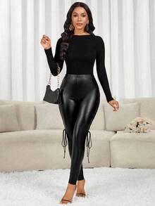 SHEIN Lady Women's Sexy Fashion PU Material Lace-Up Tight Leggings - Black - View 7