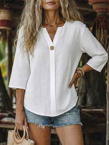 EMERY ROSE Women's Solid Color V-Neck 3/4 Sleeve Casual Shirt - White - View 5