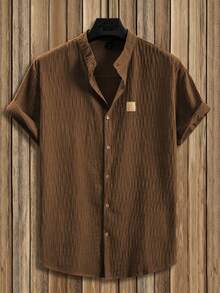 Manfinity Homme Men's Solid Color Single-Breasted Stand Collar Casual Versatile Short Sleeve Shirt, Ceremony - Coffee Brown - View 2