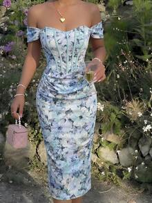 SHEIN MOD Women's Floral Print Off-Shoulder Fitted Elegant Dress - Blue - View 3