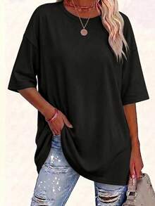 EMERY ROSE Plus Size Plain-Colored T-Shirt, With A Loose Fit Suitable For All Seasons, Suitable For Festive Pa - Black - View 1