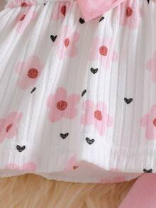 SHEIN Newborn Spring/Autumn Pink Soft Style Heart All-Over Print Pink Bow Knot Embellished Knit Pullover Top With Matching Pink Bow Knot Embellished Long Pants Slim Fit 2-Piece Set Suitable For Outings, Casual, Sports, Christmas, Parties - Baby Pink - View 5