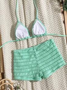 SHEIN Swim 夏季多色綠色紋理布料海洋海星飾邊直筒褲掛脖繫帶女款沙灘兩件式泳衣套裝性感 - 薄荷綠 - 查看 5