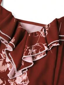 SHEIN Clasi Romantic Elegant Ruffle Collar Fitted A-Line Dark Red Floral Print Vintage Vacation Dress Dinner Date Summer - Redwood - View 4