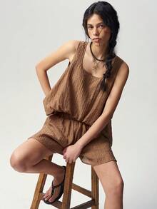 Bohemela Women's Casual, Versatile Shades Of Brown Textured Woven Tank Top And Shorts Two-Piece Set – Perfect For Vacation Summer - Green - View 1