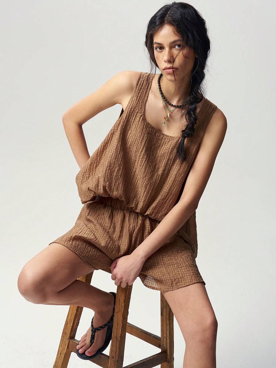 Bohemela Women's Casual, Versatile Shades Of Brown Textured Woven Tank Top And Shorts Two-Piece Set – Perfect For Vacation Summer - Green - View 1