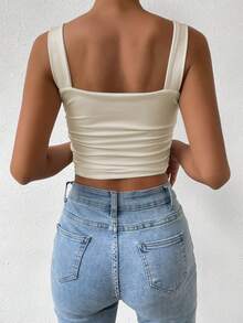 Allurite Women's Solid Color Pleated Crop Fitted Camisole For Summer - Beige - View 2