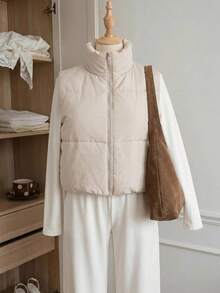Comfortcana Plus Size Casual Stand Collar Black Padded Vest In Fall/Winter - Apricot - View 4