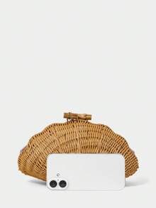 SHECARRY Bolso de mano tejido a mano de ratán con forma de concha para mujer, verano playa, clutch caqui, forma llamativa, ligero y versátil, adecuado para vacaciones, playa, estilo bohemio - Marrón - Ver 4