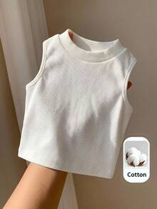 SHEIN LMoss Kids 女嬰針織素色圓領貼身休閒背心上衣 - 白色 - View 2