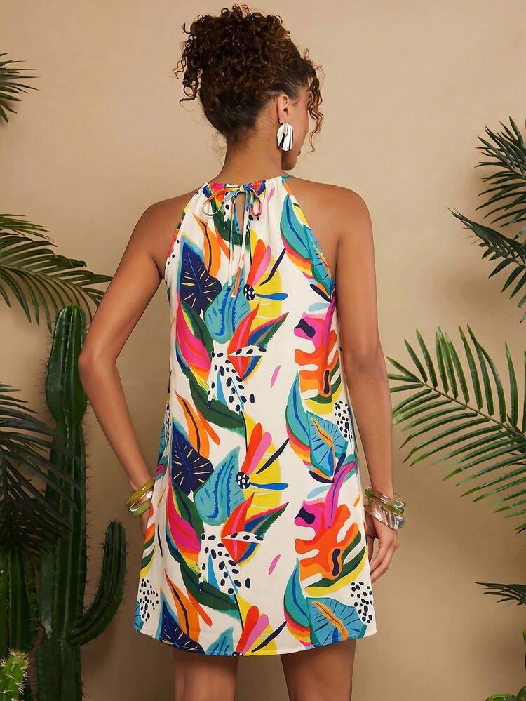 Travachic Vestido corto holgado de mujer con hombros descubiertos, tejido y estampado, para vacaciones - Multicolor - Añade 6