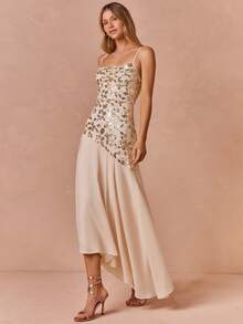 Enchnt Premium Summer Romantic Sexy Women's Elegant Beige Sequin Patchwork Spaghetti Strap Dress, Vacation Dress, Prom Dinner Date Luxury Evening Wedding - Apricot - View 4