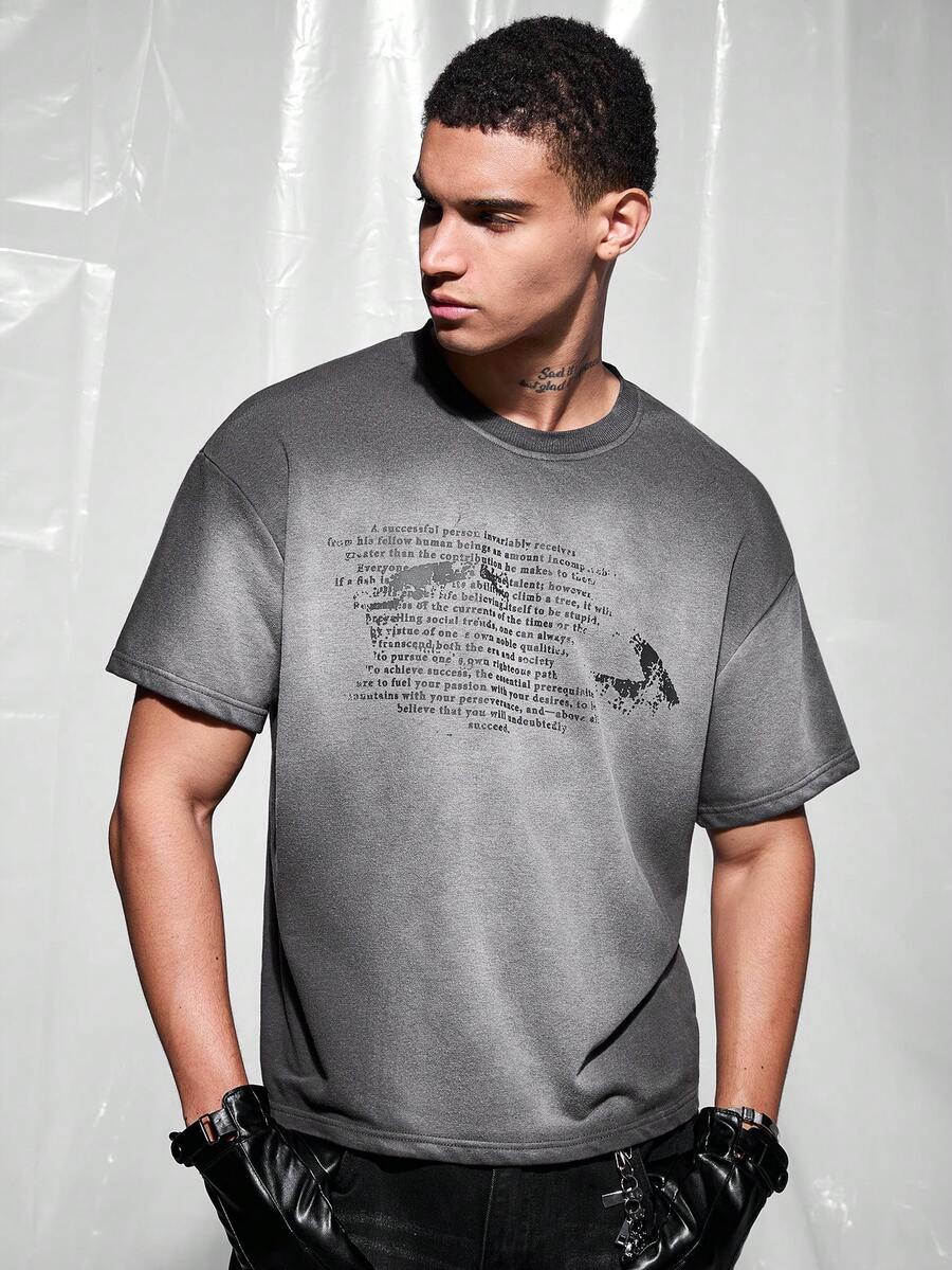 IRON GLYPH Men's Casual Round Neck Drop Shoulder Short Sleeve Letter Print T-Shirt, Holiday - Grey - View 1