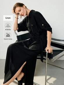 Uhlyne Uhlyne Women's Autumn Black Linen Dress,Elegant Office Work Wear,French Style X-Shape Long Sleeve Single-Breasted Metal Button Shirt Dress,Minimalist - Black - View 3
