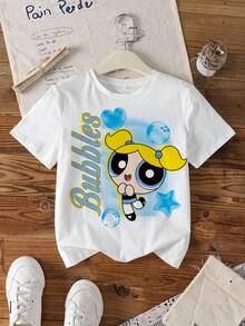 THE POWERPUFF GIRLS X SHEIN 少女百搭圆领短袖T恤 - - 白色 - 查看 3