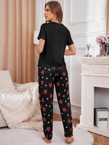 SHEIN Casual Underwear&Sleepwear 女款草莓印花圓領短袖上衣與長褲睡衣套裝 - 彩色 - 查看 2