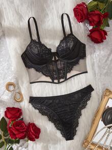 SHEIN 2 piezas Corsé con Decoración de Encaje Negro - Negro - Ver 4