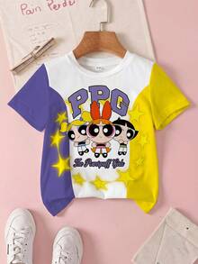 THE POWERPUFF GIRLS X SHEIN 少女卡通印花可愛圓領套頭短袖T恤 - 白色 - 查看 1