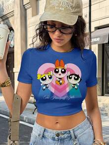 THE POWERPUFF GIRLS X SHEIN 女士卡通印花紧身休闲圆领短袖T恤，夏季 - 白色 - 查看 3