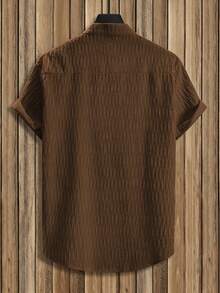 Manfinity Homme Men's Solid Color Single-Breasted Stand Collar Casual Versatile Short Sleeve Shirt, Ceremony - Coffee Brown - View 3