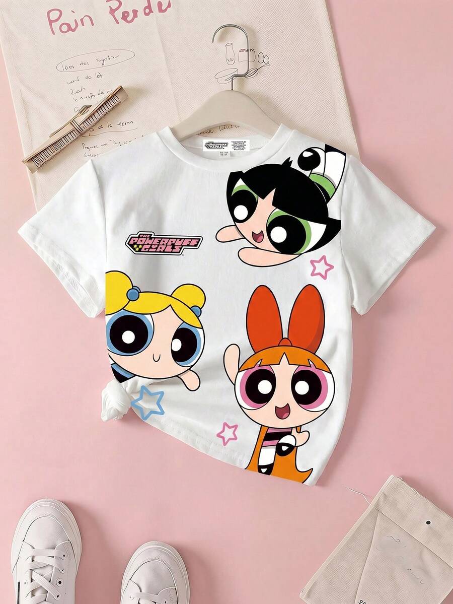 THE POWERPUFF GIRLS X SHEIN 年轻女孩花朵泡泡毛茛图案圆领短袖白色休闲可爱趣味图案T恤夏季 - 白色 - 查看 1