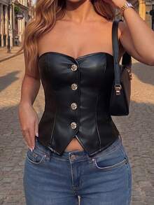 SHEIN Women's PU Leather Single-Breasted Bandeau Top - Black - View 6