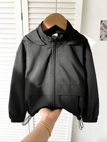 SHEIN 少女時尚休閒梭織前拉鍊長袖上衣，秋季返校季穿搭 - 黑色 - 查看 6