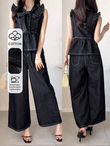 FRIFUL Setelan Atasan Denim Wanita Elegan dengan Kerah Simpul dan Hem Bergelombang serta Celana Jeans Kaki Lebar, Cocok untuk Pakaian Sehari-hari Musim Semi/Panas dan Kantor - Biru - View 11
