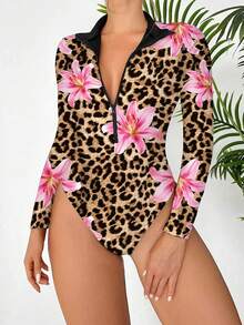 Swim SPRTY Traje de baño de una pieza con estampado de leopardo y flores, traje de surf - Multicolor - Ver 5