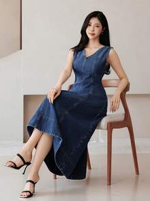DAZY Women's Slim Fit V-Neck Long Denim Dress, Spring & Summer - Blue - View 8