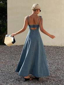 DAZY 女士休闲做旧水洗长款牛仔吊带连衣裙，春夏款 - 藍色 - 查看 7