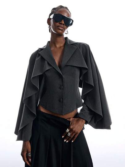LYSMO Enfärgad enkelknäppt elegant modeblazer med volangkant för kvinnor