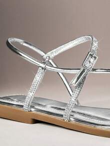 SHUZIA Women's Minimalist Elegant Metal Ring Decor Sling Back ThongFlat Sandals - Silver - View 6