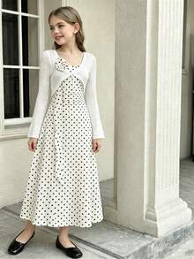 Teen Girls French Gentle Style Polka Dot Cami Maxi Dress + Hollow Knit Cardigan 2pcs Set, Waist-Defining Fit With 3D Rose Decor Autumn Fall - White - View 4
