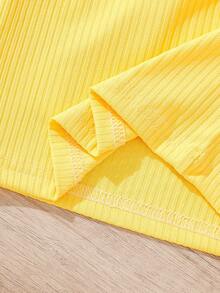 Girls' Vacation Casual Halter Neck Sleeveless Fitted Solid Color Ribbed Fabric Tank Top And Elastic Waist Tropical Large Floral Ruffle Tiered Skirt Set, Suitable For Summer Vacation And Casual Outings - Yellow - View 8