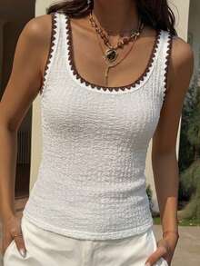DAZY Women's Summer Vacation Holiday Outfit White And Brown Color Contrast Trim U-Neck Sleeveless Fitted Textured Fabric Tank Top Vacation Casual - White - View 4
