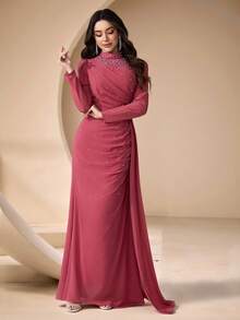 Coutiva Damen Abendkleid mit Stehkragen und Kunstperle, Kleid für Hochzeitsgäste, Partykleid, Abendkleid - Pink - Übersicht 5