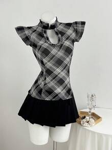 Elamini 女款格紋荷葉邊飾飛袖休閒襯衫 - 黑色 - 查看 3