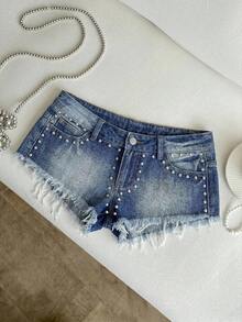 SHEIN Women's Ultra Low Waist Rivet Vintage Denim Mini Shorts - Blue - View 4