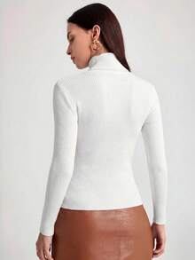 BizChic 女款素色高領修身長袖基本層搭毛衣，都市通勤商務休閒女款基本上衣，優雅外出上衣 - 白色 - 查看 2
