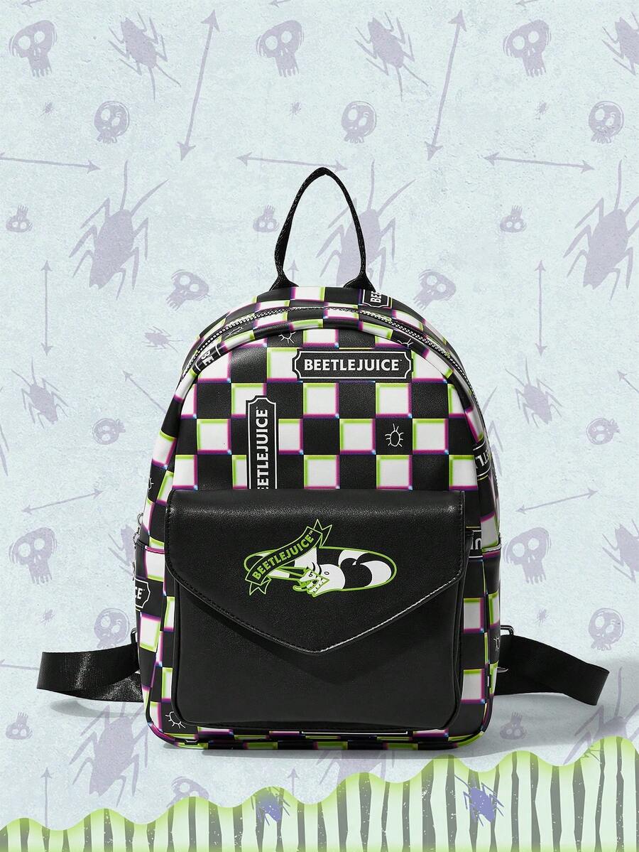 Beetlejuice X ROMWE Mochila de gran capacidad con estampado retro punk para la temporada escolar, versátil para ir y venir, libro de vestir para estudiantes, modelo conjunto - Tablero de ajedrez - Ver 1
