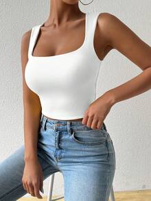 Allurite Solid Square Neck Crop White Tank Top - White - View 6